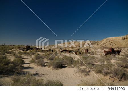 Panorama of ship cemetery near Moynaq at sunrise, Karakalpakstan, Uzbekistan 94951990