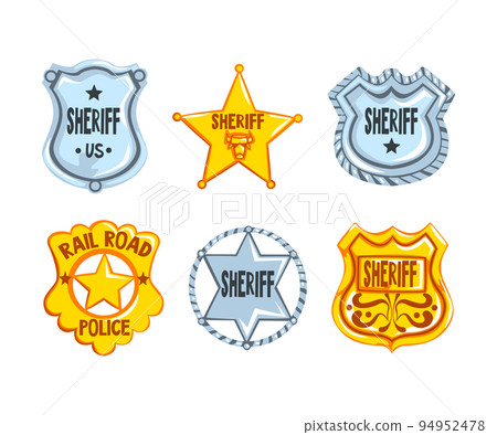Sheriff stars set.Golden and silver police badges cartoon vector illustration Sheriff stars set.Golden and silver police badges cartoon vector illustration 94952478
