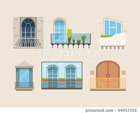 Balconies with doors and windows set. Classic, retro, modern house facade exterior elements flat vector 94952508