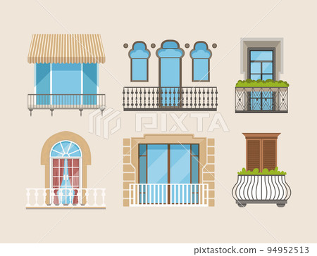 Classic balconies with doors and windows set. Architectural house facade exterior vector illustration 94952513