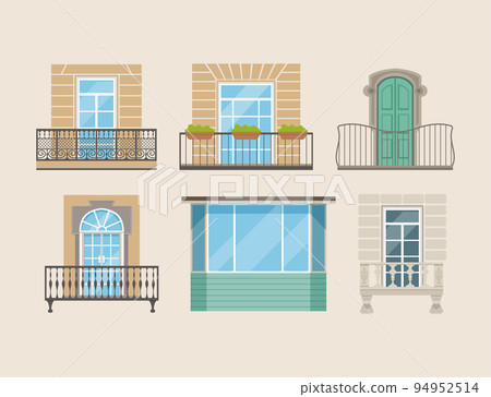Modern and classic balconies with doors and windows set. Architectural house facade exterior vector illustration 94952514