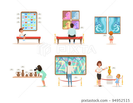 Visitors of museum viewing paintings and artwork exhibits set vector illustration 94952515