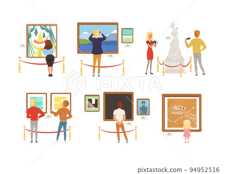 Visitors of classic art gallery or museum viewing paintings at exhibition set. Men and women enjoying modern artwork exhibits vector illustration 94952516