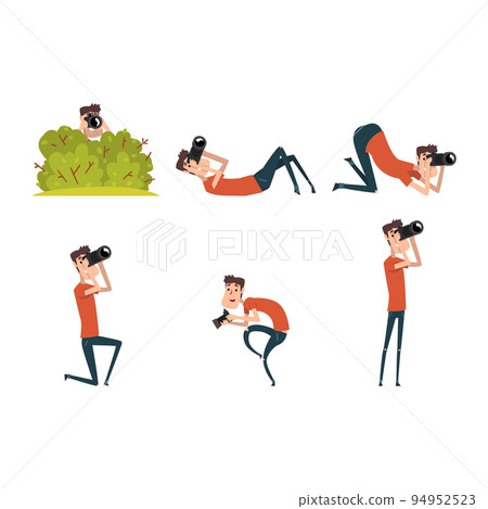 Photographer or paparazzi taking photo set. Photojournalist, blogger or journalist shooting photos vector illustration 94952523