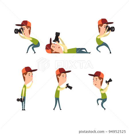 Photographer or paparazzi taking photo with digital camera. Photojournalist, cameraman, blogger or journalist character set cartoon vector illustration Photographer or paparazzi taking photo with digital camera. Photojournalist, cameraman, blogger or journalist character set cartoon vector illustration 94952525