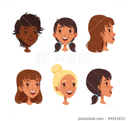 Heads of teenage girls from different angles. Mobile gaming hero portraits, people creation constructor cartoon vector illustration 94952633