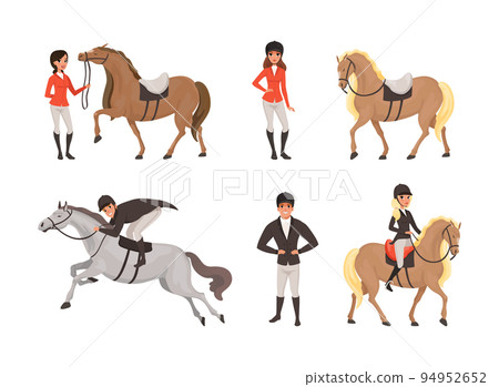 Equestrian sports set. Male and female jockeys on horse riding and jumping vector illustration Equestrian sports set. Male and female jockeys on horse riding and jumping vector illustration 94952652