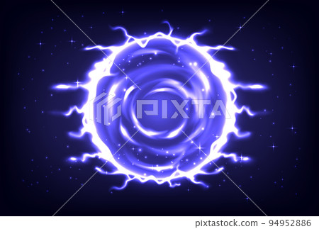 Circle teleport podium. Portal science futuristic stage. Sci-fi digital hi-tech in HUD projector. Magic gate in game fantasy. Portal to another universe. Warp ring, teleport gate in cartoon 94952886