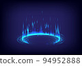 Product display and showing. GUI and UI virtual reality. Portal and hologram science futuristic. Sci-fi digital hi-tech in glowing HUD projector. Magic gate in game fantasy. Circle teleport podium 94952888