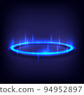 Product display interface. Neon lighting circle base. Portal and hologram science futuristic. Sci-fi in glowing HUD tech projector. Magic gate in game fantasy. Technology teleport podium 94952897