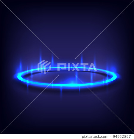 Product display interface. Neon lighting circle base. Portal and hologram science futuristic. Sci-fi in glowing HUD tech projector. Magic gate in game fantasy. Technology teleport podium 94952897