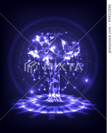 Cyber polygon tree hologram on stage. Futuristic elements of environment technology. Save world concept 94952898