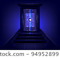 Product display interface. Product showing. Portal to another universe. Teleport podium. Sci-fi magic gate in game fantasy. Glowing projector base 94952899