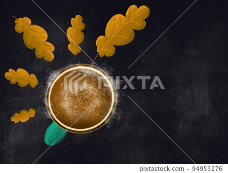 Illustration, cup of hot coffee, yellow crimson leaves, autumn mood. 94953276