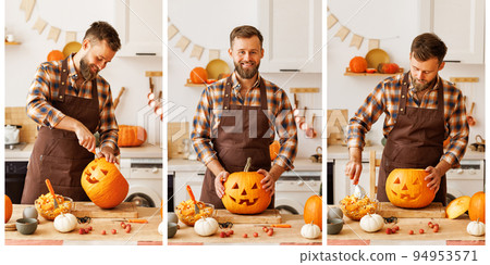 Collage of man in apron standing in kitchen and carving large orange Halloween pumpkin Collage of man in apron standing in kitchen and carving large orange Halloween pumpkin 94953571