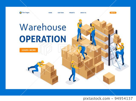 Isometric Workers in a warehouse collect boxes, warehouse work. Template Landing page 94954137