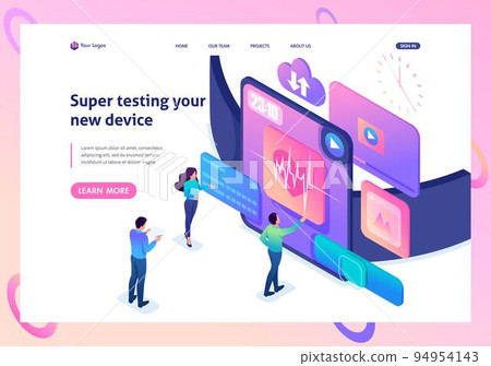 Isometric bright concept the team is testing a new device, the smart watch. Template Landing page 94954143