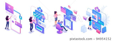 Isometric sets of concepts for the use of mobile applications by young entrepreneurs. Bright design for advertising concepts and web design development 94954152