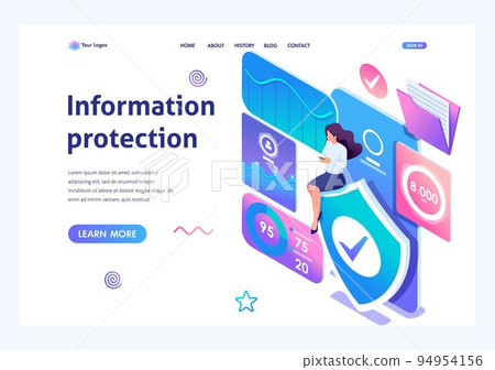 Isometric concept Girl installs online application to protect data on your phone. Information protection. Landing page template for the site 94954156