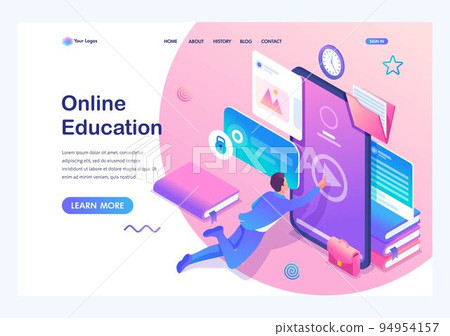 Isometric concept Man studying online, a large library of knowledge. Mobile Application for training. Landing page template for the site 94954157