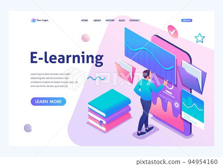Isometric concept Man watching a lesson on the website, online training, e-learning. Mobile Application for training. Landing page template for the site 94954160