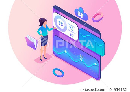 Young girl interacting with charts and analyzing statistics. Financial management concept. 3d isometric. Concept for web design 94954182