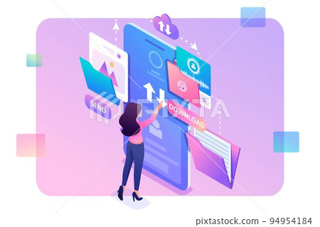 Young girl interacting with the data storage, downloads and uploads files to the cloud. Data exchange concept. 3d isometric. Concept for web design 94954184
