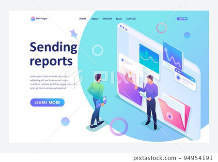 Isometric collecting and sending data for the report, young entrepreneurs discuss the data on the screen. Template landing page Isometric collecting and sending data for the report, young entrepreneurs discuss the data on the screen. Template landing page 94954191