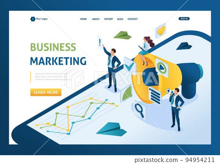 Isometric business marketing, businessmen next to the big megaphone and digital icons. Template landing page 94954211