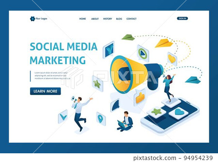 Isometric Social media marketing concept with characters and a big megaphone. Template landing page 94954239
