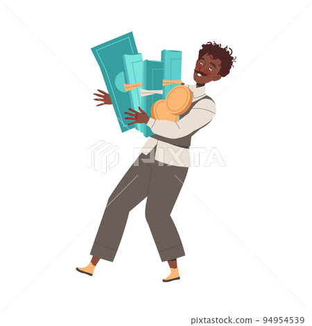 Cheerful Mustached Man Carrying Rolled Dollar Banknote and Golden Coins Having Money Abundance Vector Illustration 94954539