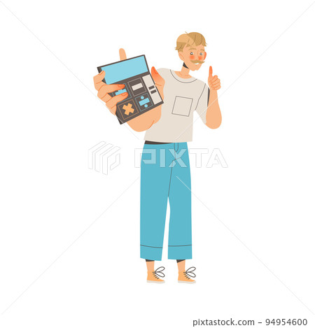 Young Mustached Man with Calculator Showing Thumb Up Gesture Engaged in Economic and Financial Investing Vector Illustration Young Mustached Man with Calculator Showing Thumb Up Gesture Engaged in Economic and Financial Investing Vector Illustration 94954600
