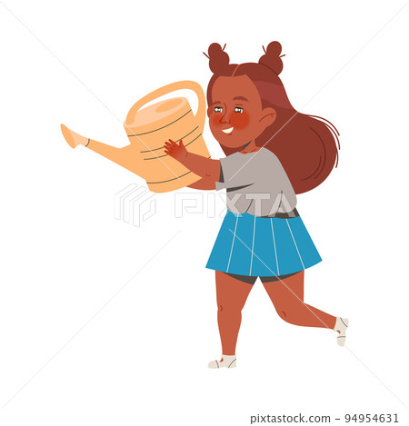 Little Girl Watering Plant in the Garden or Yard Vector Illustration 94954631