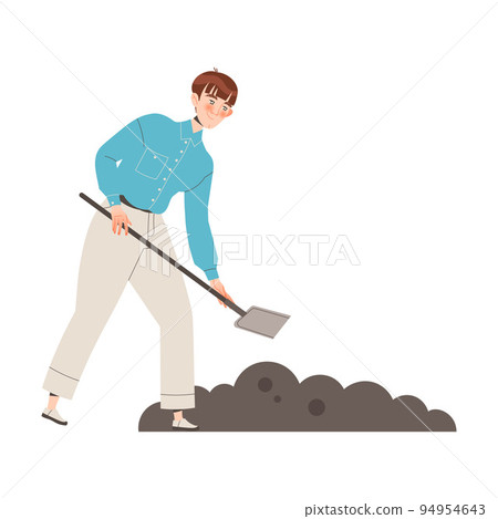 Young Man with Shovel Digging Soil or Ground in the Garden or Yard Vector Illustration 94954643