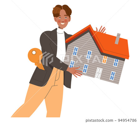 Happy Man Character Buying Real Estate and Residential House Vector Illustration Happy Man Character Buying Real Estate and Residential House Vector Illustration 94954786