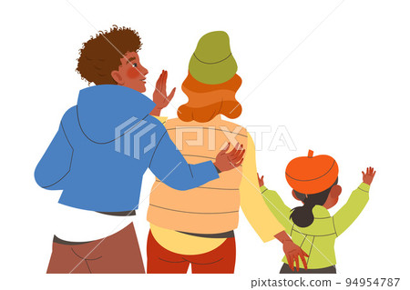 Happy Family with Mother, Father and Little Daughter Standing and Waving Hand Back View Vector Illustration Happy Family with Mother, Father and Little Daughter Standing and Waving Hand Back View Vector Illustration 94954787