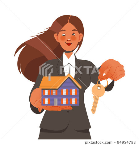 Young Smiling Woman Realtor Giving Real Estate and Key Vector Illustration Young Smiling Woman Realtor Giving Real Estate and Key Vector Illustration 94954788