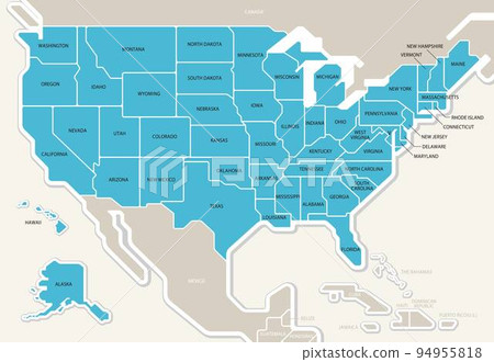 美國地圖，分為 50 個州，帶有州名，北美洲 94955818