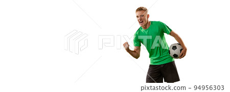 Goal. Excited football player shouting, expressing win emotions isolated over white background. Sport, win, victory, champion and success concept Goal. Excited football player shouting, expressing win emotions isolated over white background. Sport, win, victory, champion and success concept 94956303