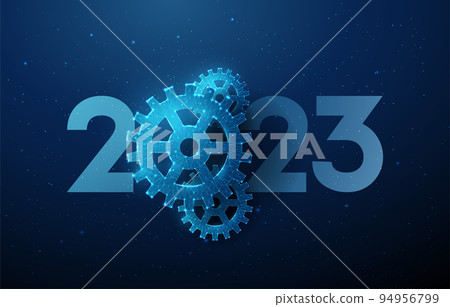 Abstract Happy 2023 New Year greeting card with cogwheel. Abstract Happy 2023 New Year greeting card with cogwheel. 94956799