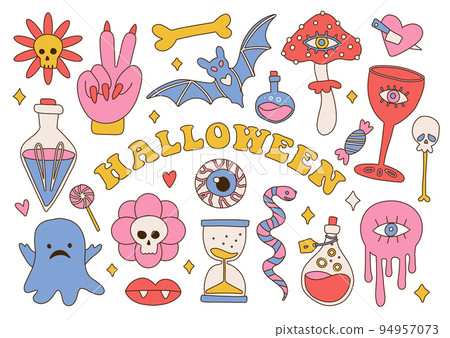 Groovy halloween elemenst set in retro hippie 70s style. Psychedelic collection of hippie design stickers. The power of monster magic. Linear hand drawn illustration. Groovy halloween elemenst set in retro hippie 70s style. Psychedelic collection of hippie design stickers. The power of monster magic. Linear hand drawn illustration. 94957073