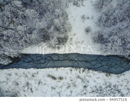 Snowy forest and curvy river on the plain in winter. Aerial view of nature in winter Snowy forest and curvy river on the plain in winter. Aerial view of nature in winter 94957528