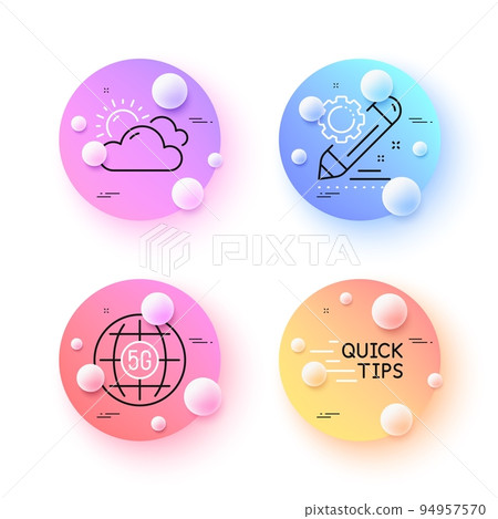 5g internet, Project edit and Sunny weather minimal line icons. 3d spheres or balls buttons. Education icons. For web, application, printing. Wifi communication, Settings, Summer. Quick tips. Vector 94957570