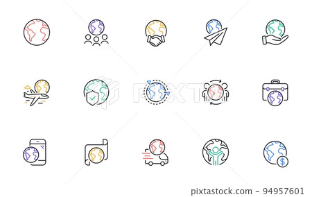 World business line icons set. Translate language, global law, outsource business. International organization, financial transactions, world map icons. Delivery service, global outsource. Vector 94957601