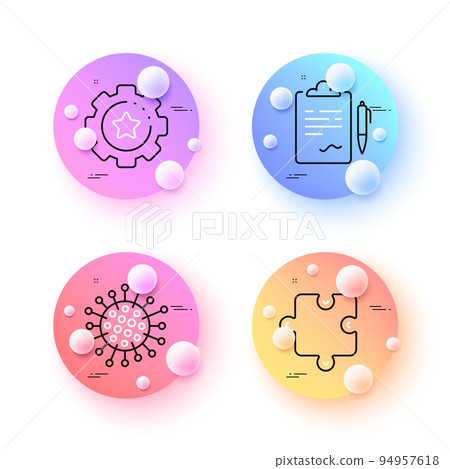 Puzzle, Settings gear and Coronavirus minimal line icons. 3d spheres or balls buttons. Clipboard icons. For web, application, printing. Puzzle piece, Technology process, Infection. Vector Puzzle, Settings gear and Coronavirus minimal line icons. 3d spheres or balls buttons. Clipboard icons. For web, application, printing. Puzzle piece, Technology process, Infection. Vector 94957618