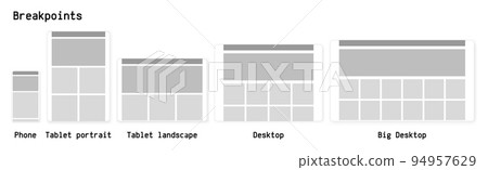 Website breakpoint wireframes vector illustration. Desktop, tablet and phone 94957629
