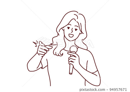 Woman with mic communicate with audience Woman with mic communicate with audience 94957671