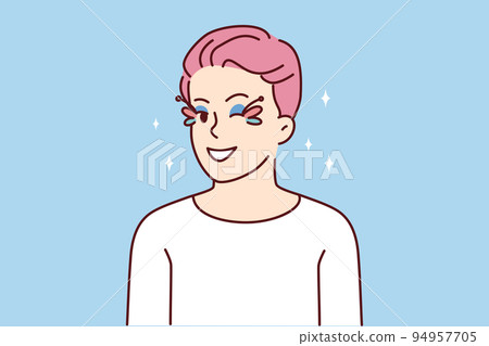 Gay man with pink hair and eyes makeup Gay man with pink hair and eyes makeup 94957705