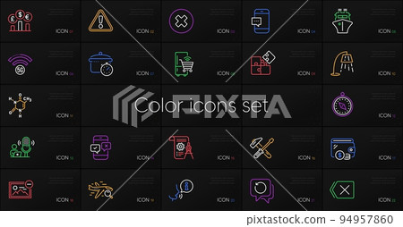 Set of Chemical formula, Remove image and Hammer tool line icons. Include Recovery data, Wallet, Divider document icons. Close button, Boiling pan, Smartphone message web elements. Vector Set of Chemical formula, Remove image and Hammer tool line icons. Include Recovery data, Wallet, Divider document icons. Close button, Boiling pan, Smartphone message web elements. Vector 94957860