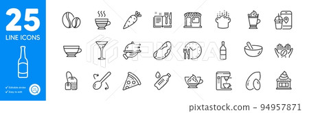 Outline icons set. Pizza, Martini glass and Brazil nut icons. Coffee beans, Coffee maker, Food app web elements. Cooking mix, Water bottle, Food time signs. Peanut, Ice cream, Market. Vector 94957871